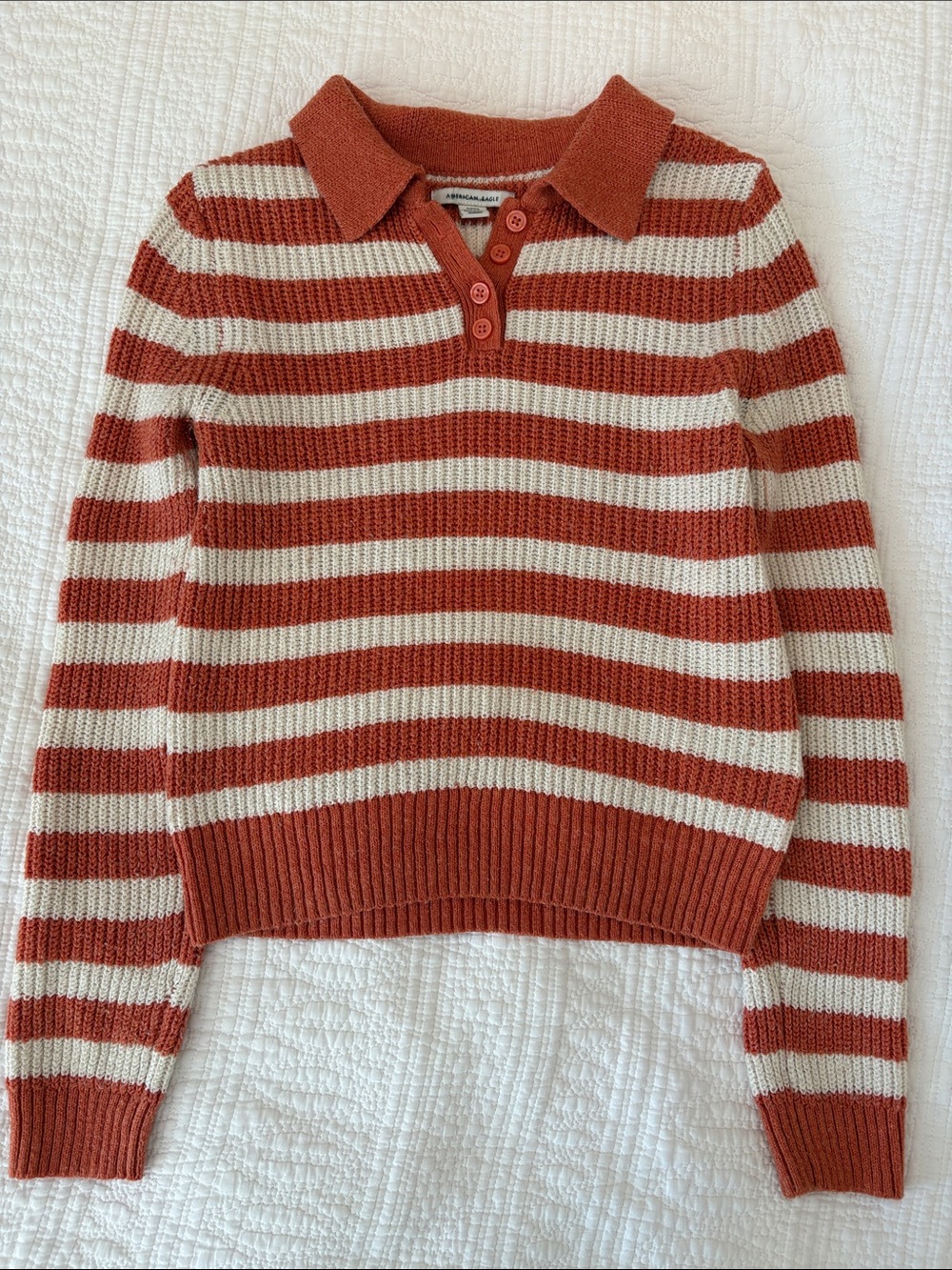 American Eagle Outfitters Rust and Cream Striped Polo Sweater